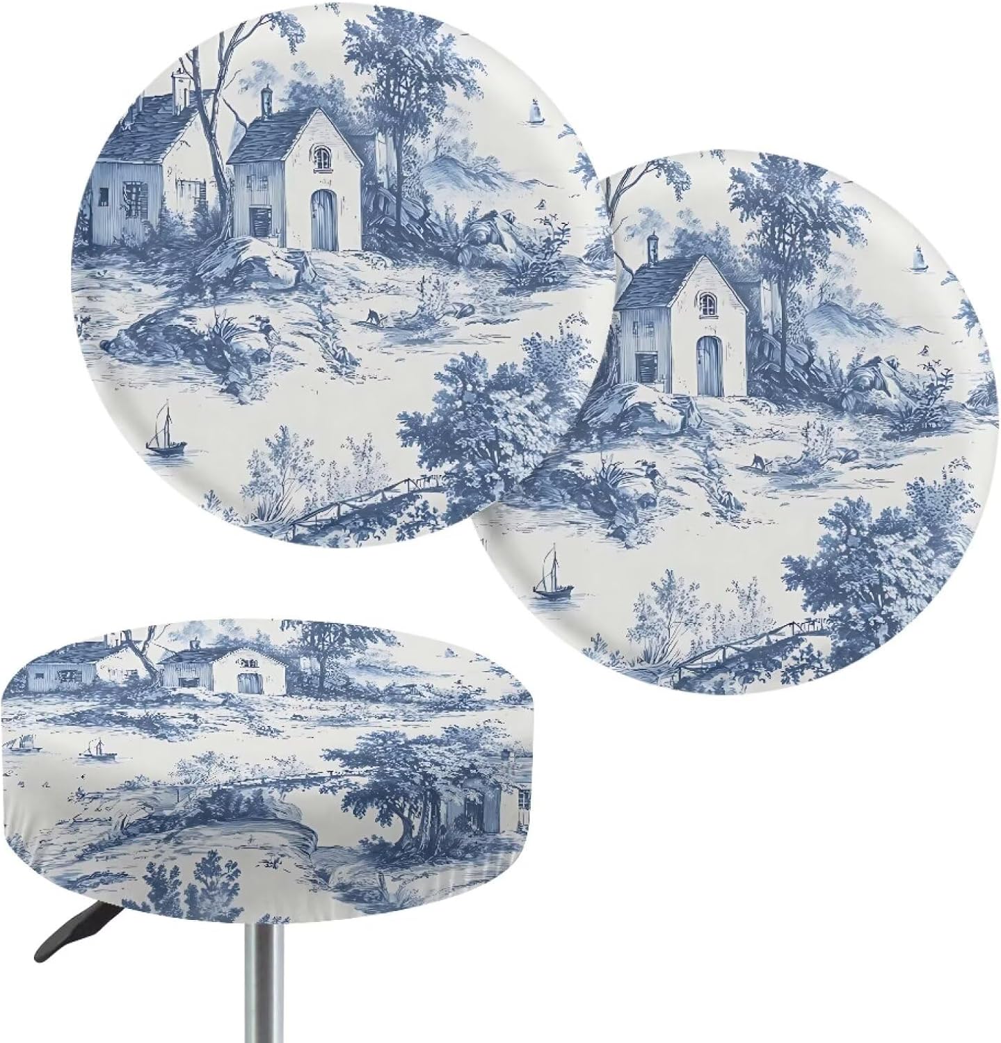 Toile De Jouy Boat House Print 2 Pack Bar Round Stool Covers, Wear Resistant Bar Stool Seat Decoration Easy to Clean Round Chair Furniture Protection for Home Bar, L