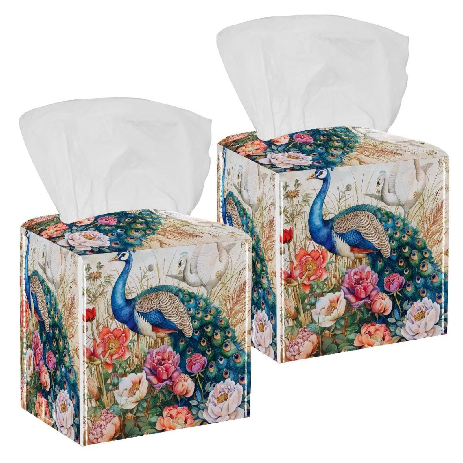 Flowers Peacocks Swan Tissue Box Cover, 2 Pack PU Leather Square Facial Tissue Dispenser Box holder for Home Office Car