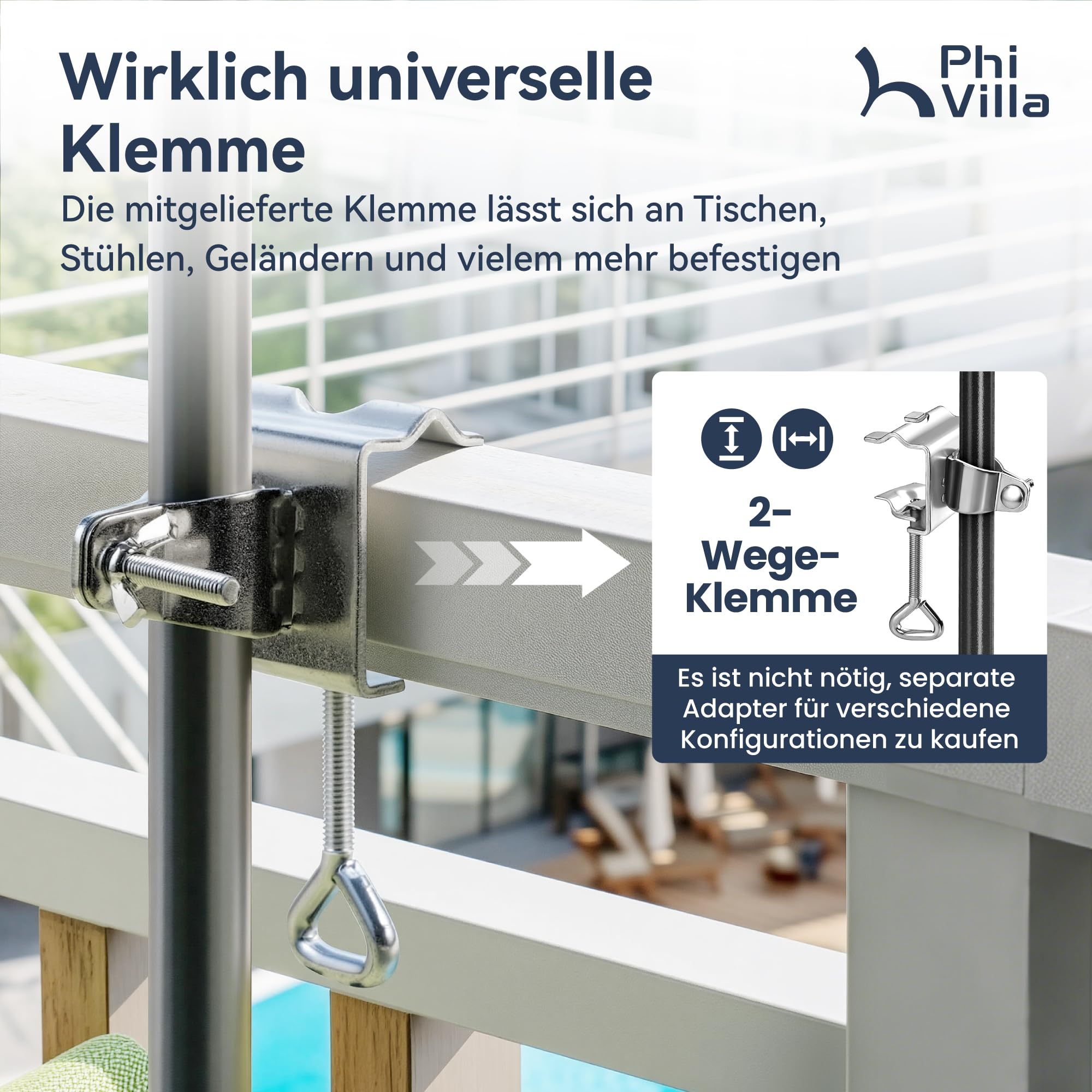 PHI VILLA Ø 230 x 220 cm Parasol rond avec pince Parasol de jardin inclinable coupe-vent stable à emporter Protection UV50+ pour balcon, terrasse, balustrade de balcon, table