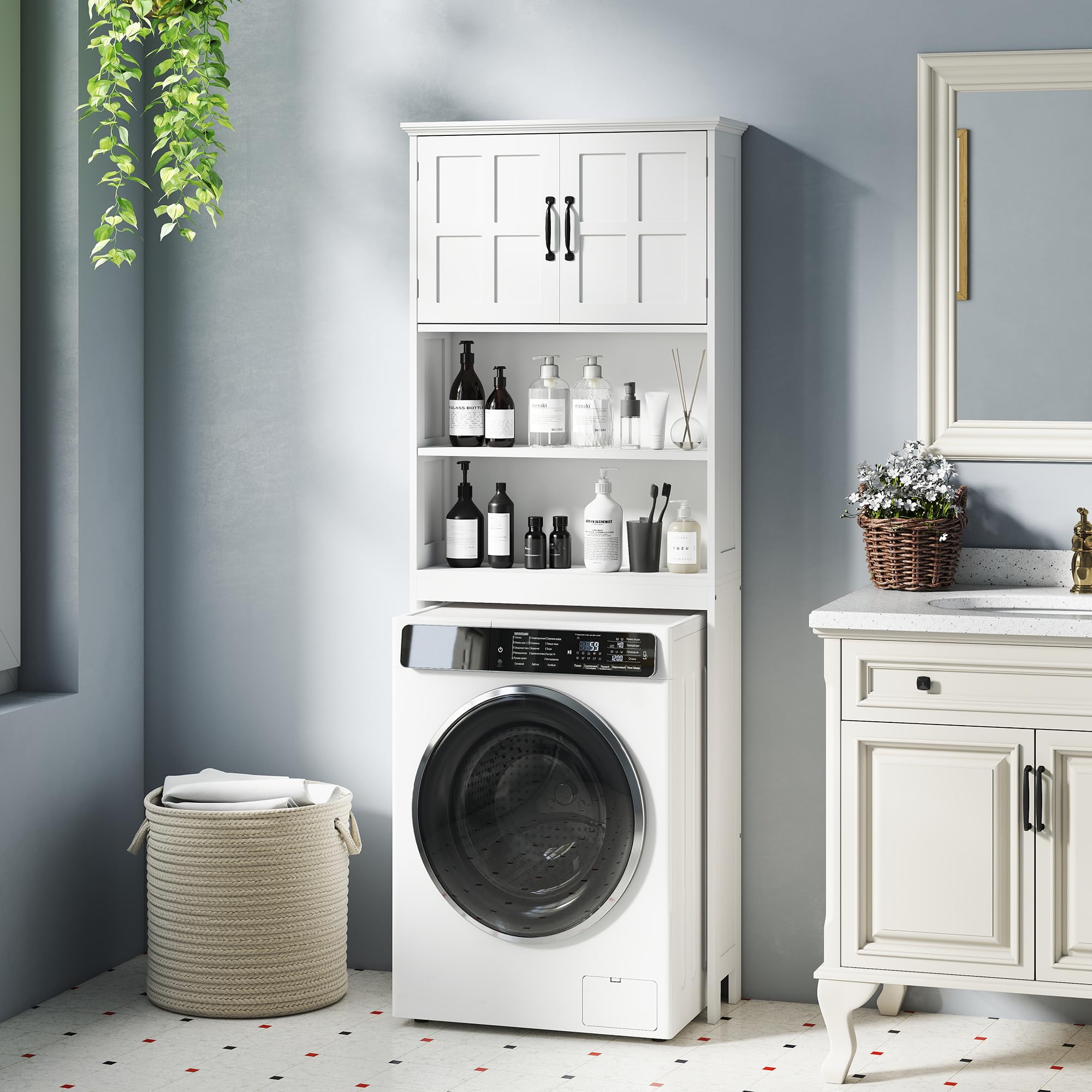 kleankin Mueble sobre Inodoro Armario para Lavadora con 2 Puertas Estantes Abiertos y Estante Ajustable Mueble para Baño 66x23x178 cm Blanco