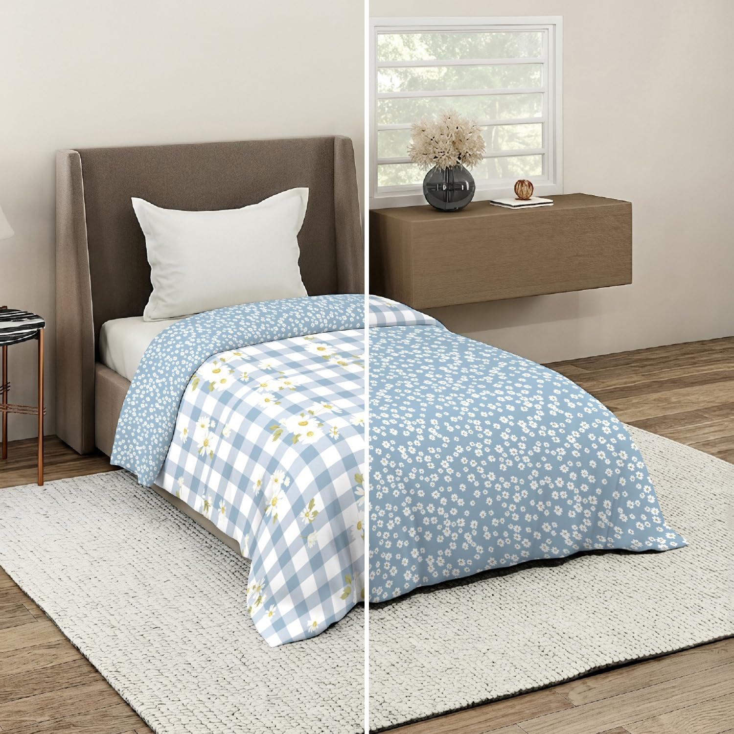 MORADO Premium Reversible Glace Cotton Duvet Cover for Single Bed 60x90 Inches | Ultra Soft,Durable Quilt/Razai/Blanket Cover with Zipper Closure & Corner Ties on All Corners,Blue Flower Check-image-29