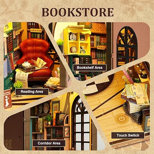Miniatura 20 de ROBOTIME Kit de rincón de libros en miniatura para casa de muñecas en 3D, rompecabezas de madera 3D, decoración con luz LED para adolescentes