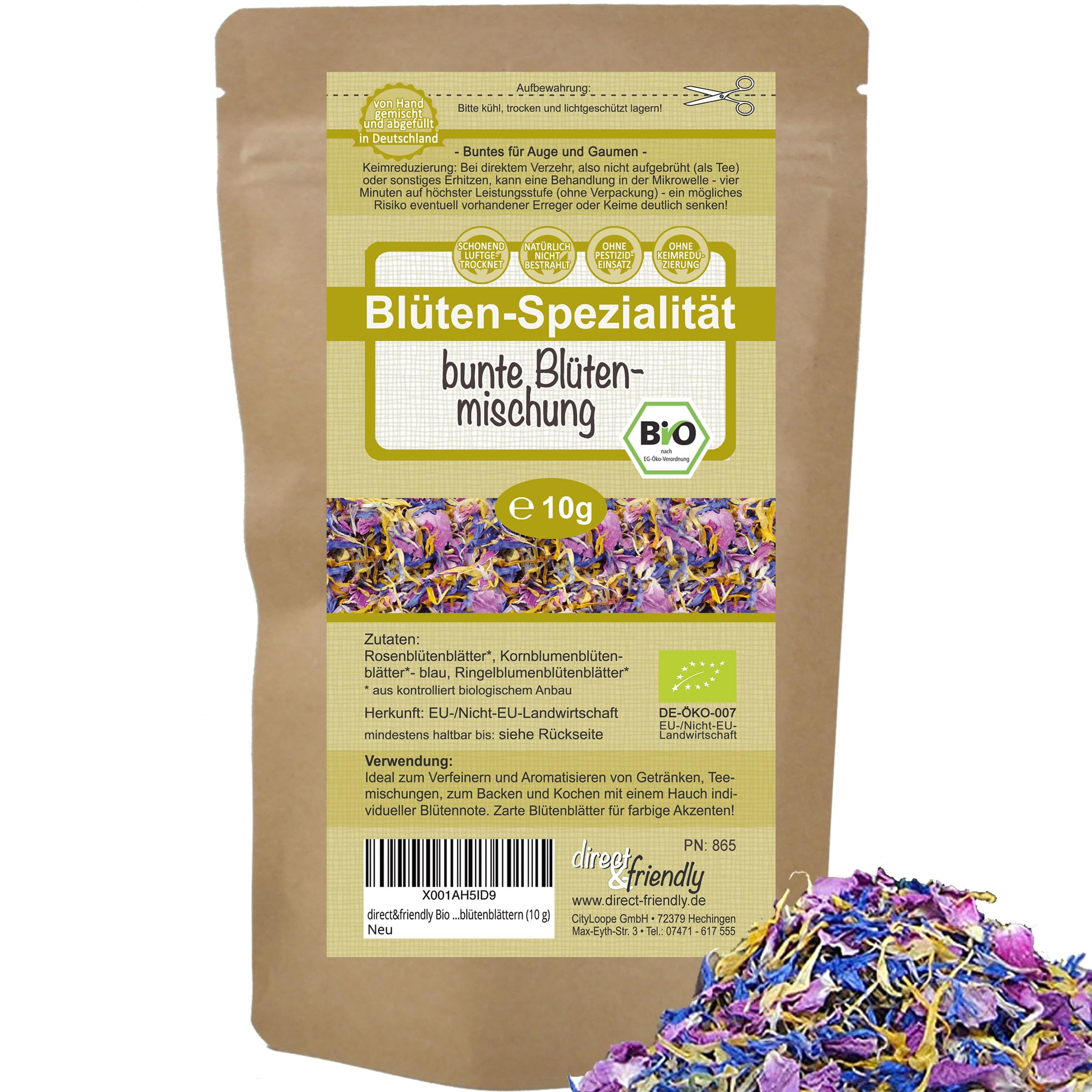 direct&friendly | Bunte Bio Blütenmischung | 10g | farbenfroher Essblüten-Mix aus Rosen-, Ringelblumenblüten- und Kornblumenblütenblättern