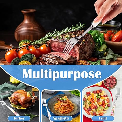 Miniatura 7 de Loppdece 12 tenedores de cena, tenedores de acero inoxidable con diseño floral, tenedores de cubiertos con mango de cerámica, tenedores de postre,
