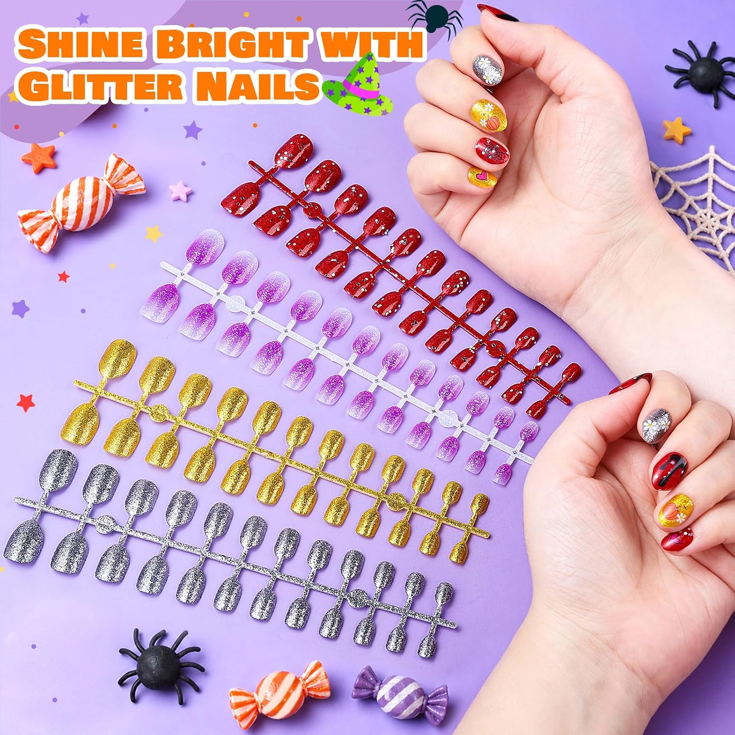 FANDAMEI Press On Nails for Kids, 12 Style Girls Press On Nails for Halloween, 4 Sheet Bat Flower Nail Stickers for Nail Art, 120 PCS Self-adhesive Tabs, Fake Nails for Girls DIY Nail Design