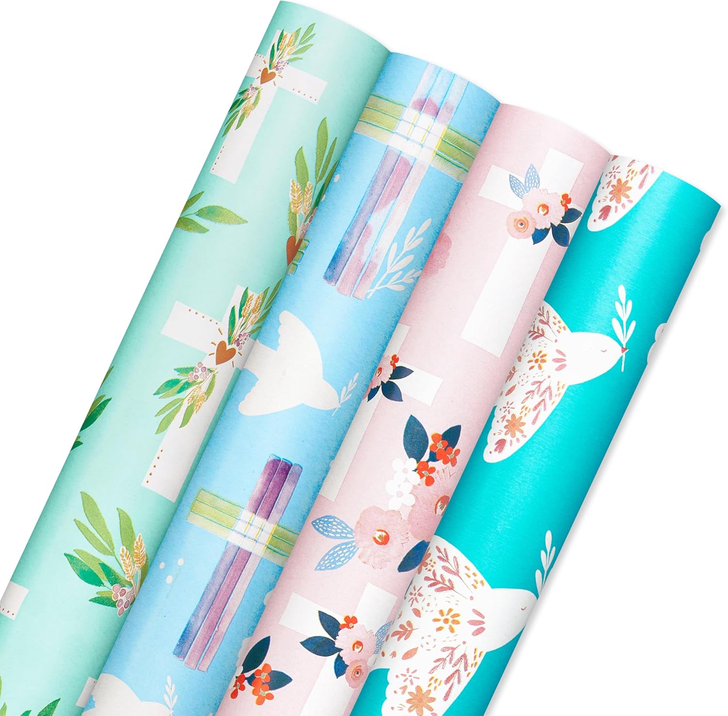 american greetings 160 sq. ft. reversible religious wrapping paper bundle for weddings, first communions and baptisms - designed by kathy davis, religious cross, doves and stripes (4 rolls, 30 in. x 16 ft.)