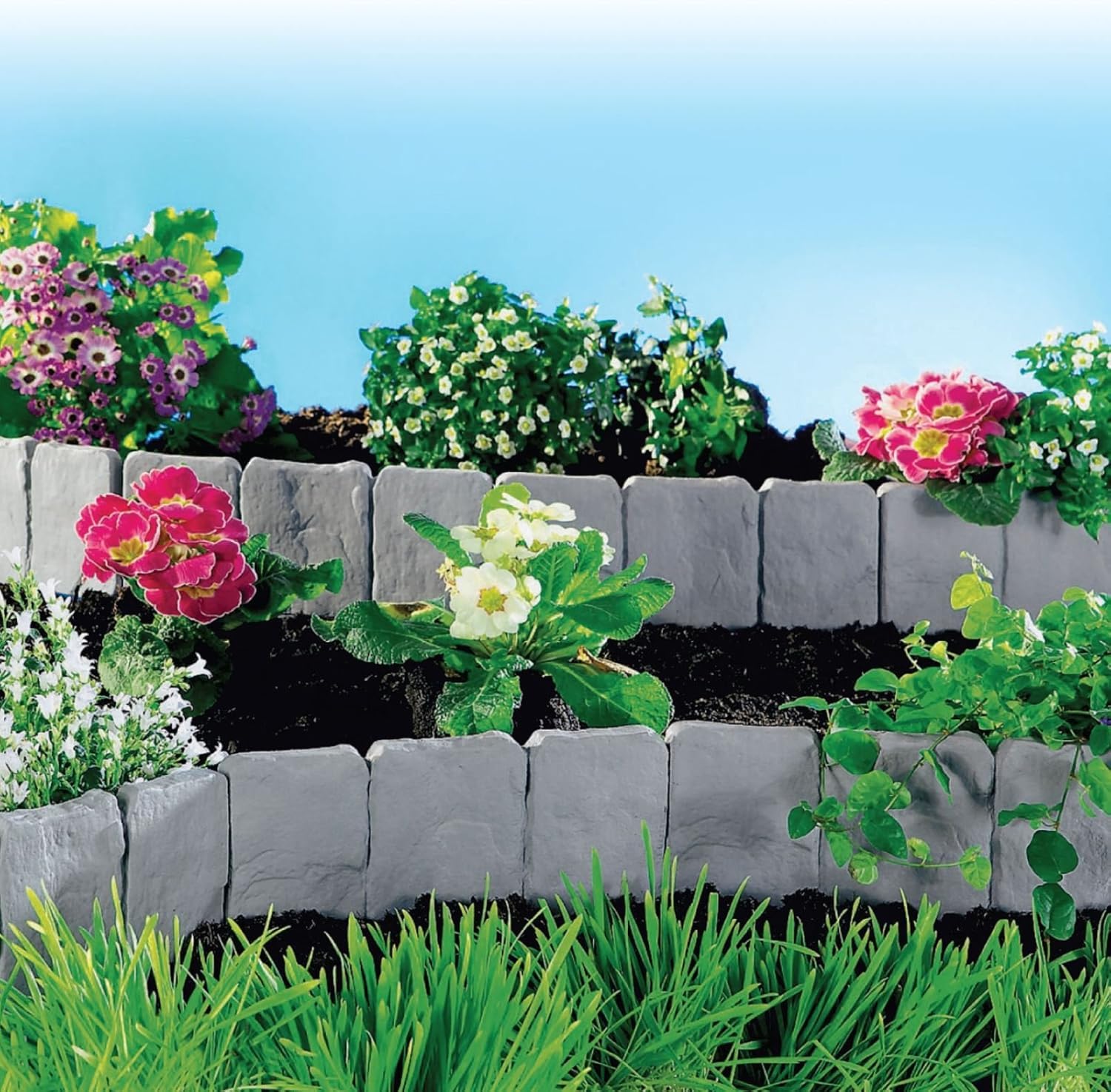 ASAB Lawn Border Edging | Plastic Garden Border for Straight and Curved Shapes | Stone-Effect Brick Effect Available or Black Fence | Flexible Interlocking Path Edge (Stone)