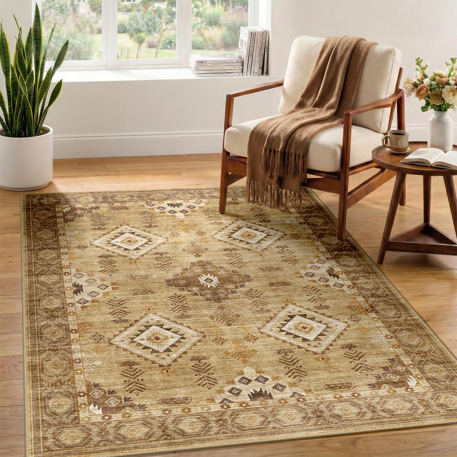 DEFYNEE Machine Washable Rugs Living Room 90x150cm, Soft Short Pile, Non-Slip Vintage Rugs for Bedroom, Moroccan Rug for Dining Room, Hallway, Camel โ image 1