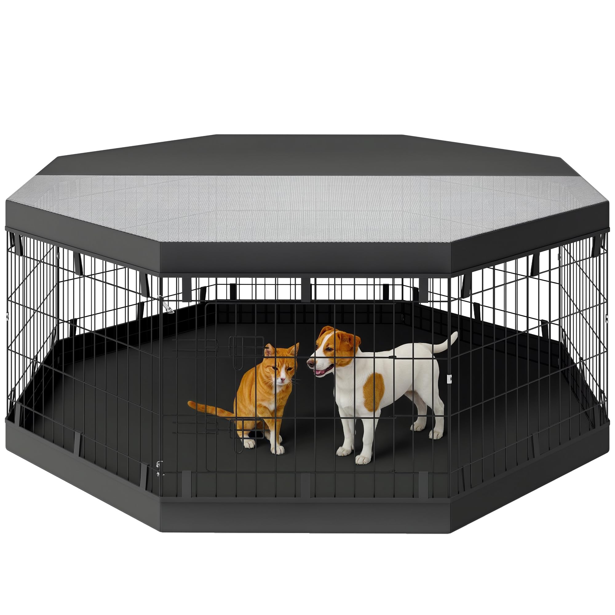 PawHut Parc pour Chien, enclos Chien intérieur, 8 Panneaux Pliables, avec Porte, Couverture supérieur et inférieure, Acier, 61 x 61 cm, Noir