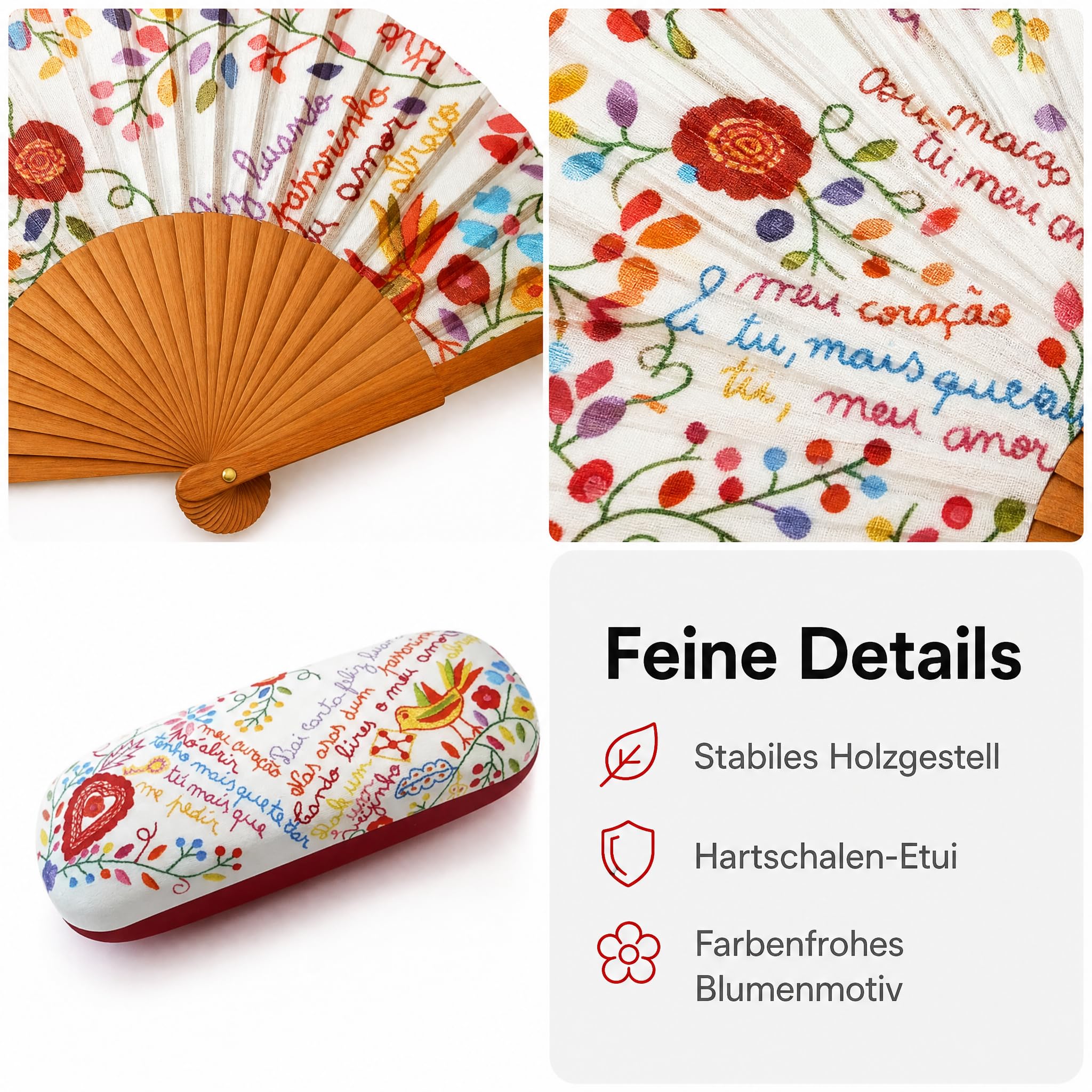 Handfächer & Brillenetui Set, Blumenmuster, Geschenkset Frauen | Faltbarer Handfächer mit Holzgestell und passendes Hartschalen-Brillenetui im Folk-Art-Design – als Muttertagsgeschenk