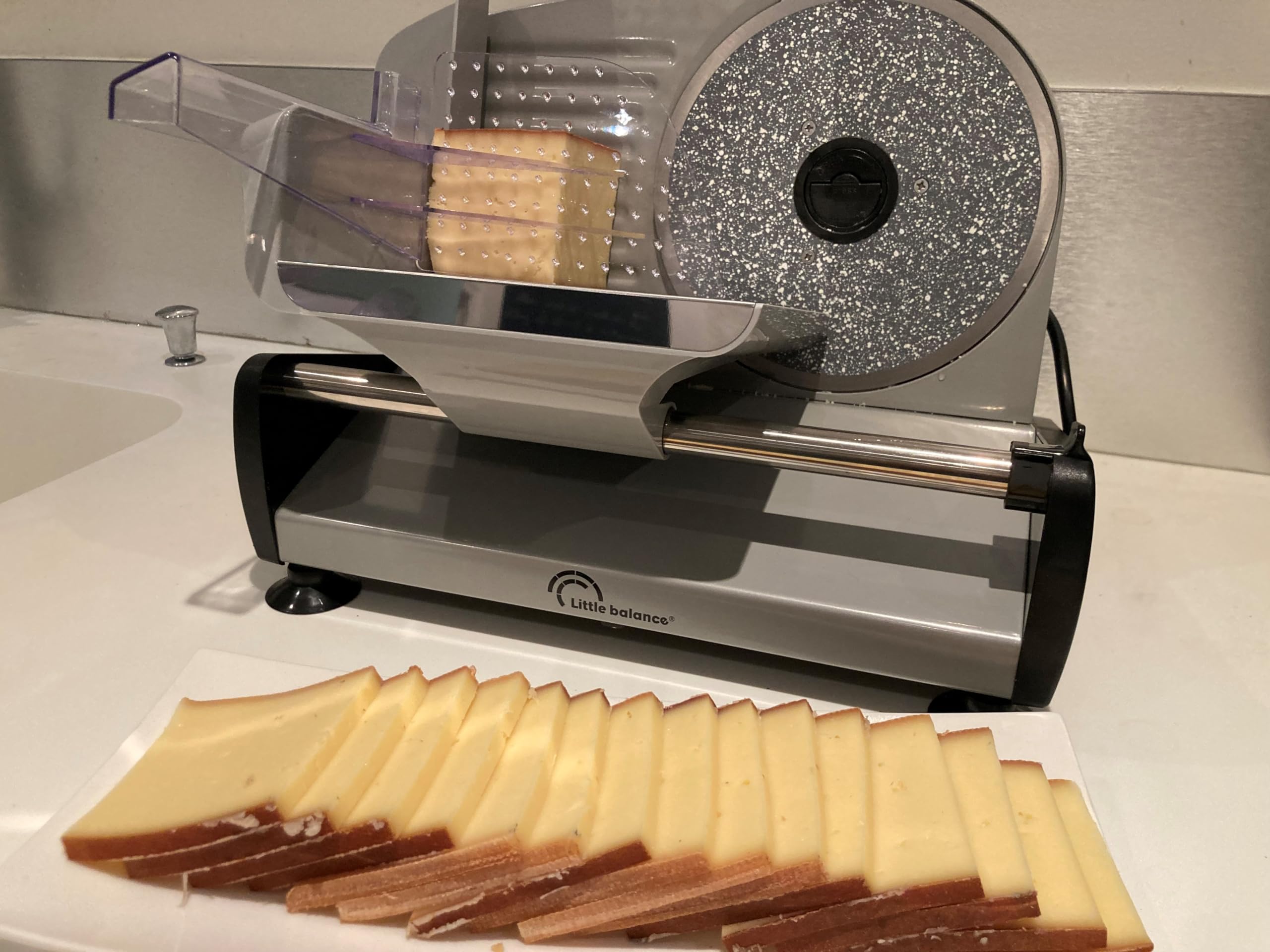 LITTLE BALANCE 8702 Easy Cut Ceramica, Affettatrice elettrica, Affettatrice per prosciutto, Lame in acciaio inossidabile, Spessore regolabile 0-15 mm, Per affettare carni, salumi, pesci, formaggi, 200