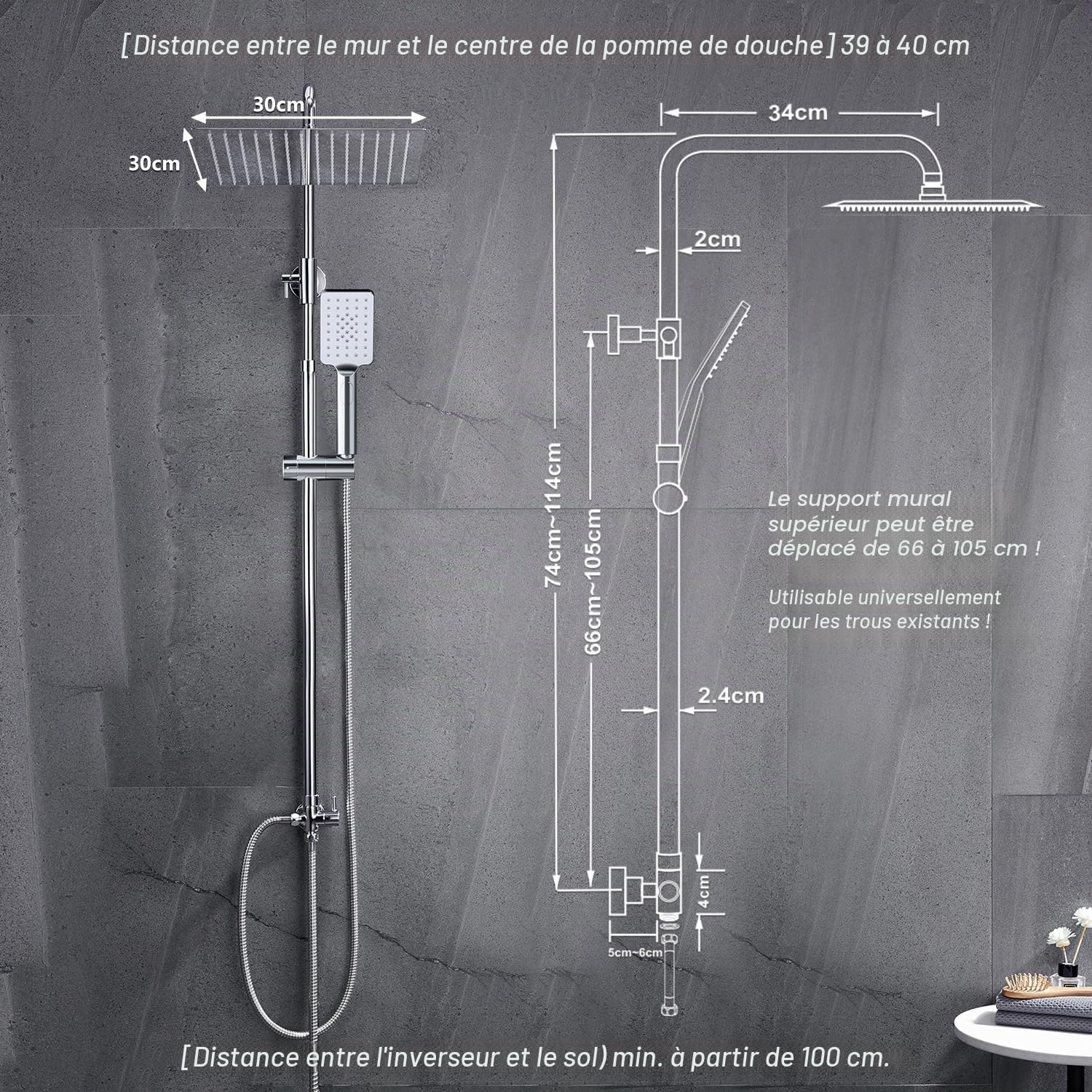 Görbach Colonne de douche en acier inoxydable sans mitigeur robinet, Ensemble de douche pluie avec barre de douche réglable en hauteur, pommeau 30x30 cm chromée