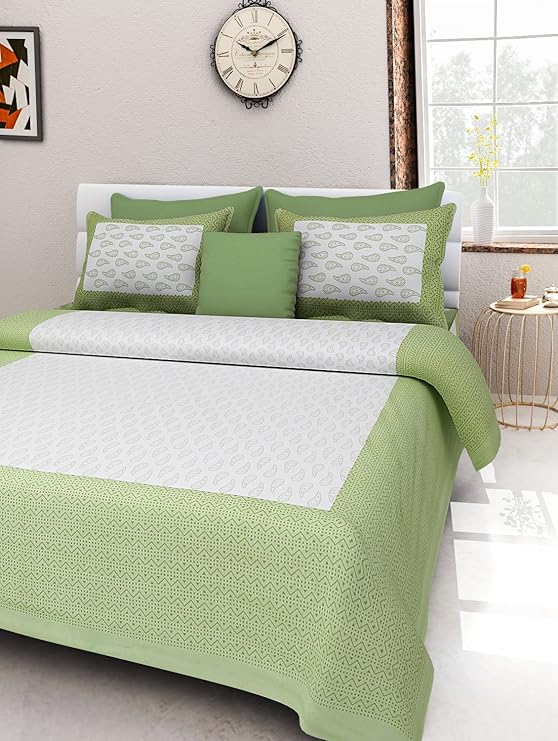 PURE COMFORT 100% Cotton Double Bedsheet Floral Print Design with 2 Zipped Pillow Covers Super King Size,Green (270 cm X 225 cm)