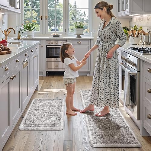 Vista 296 de KIMODE - Juego de 2 tapetes de cocina antifatiga, estilo vintage, antideslizantes, impermeables, ergonómicos, acolchados, cómodos para lavandería