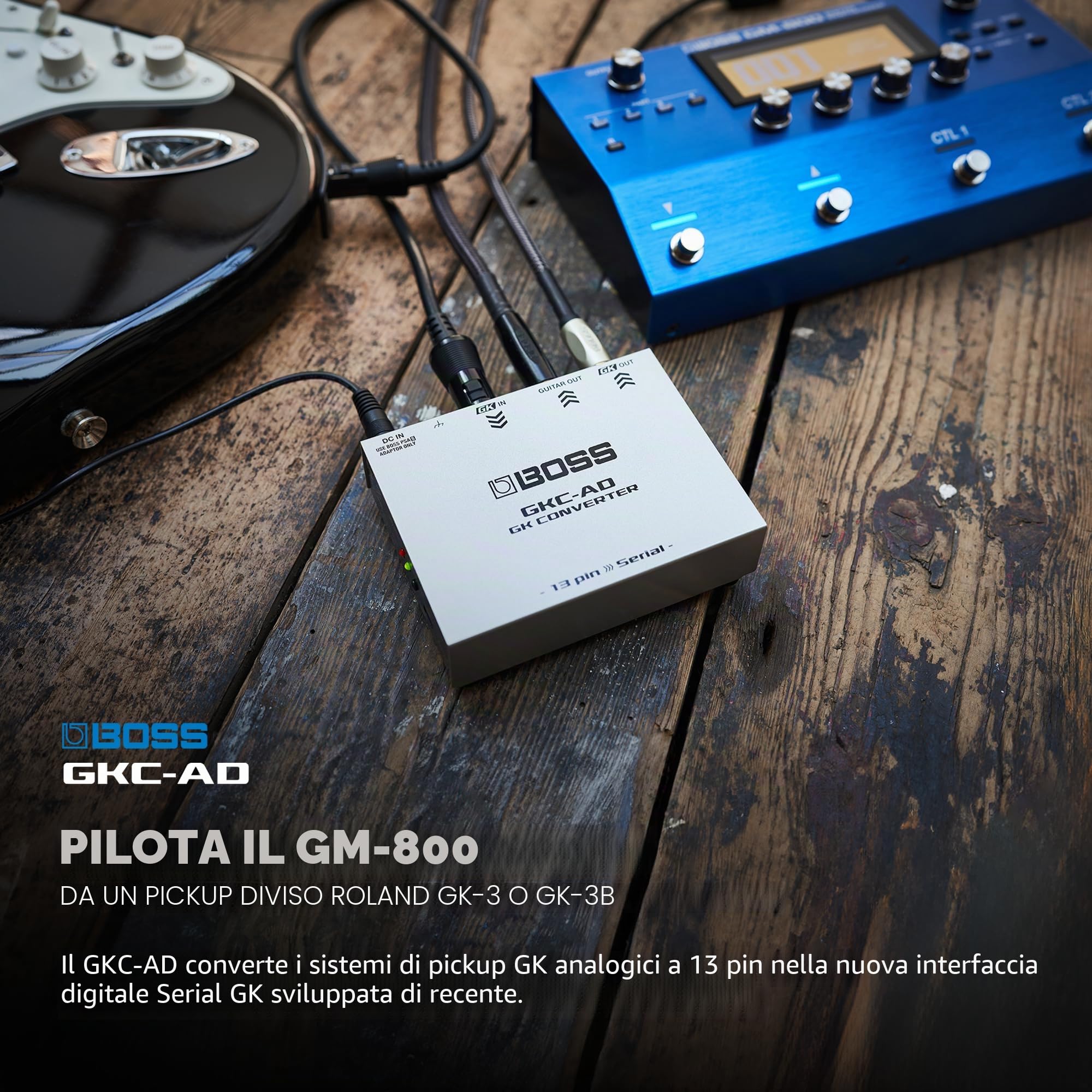 Convertitore GK BOSS GKC-AD | Pilotate l'Interfaccia Serial GK di Nuova Generazione da un Divided Pickup Roland GK-3 o GK-3B | Da Ingresso GK a 13-Pin a Uscita Serial GK