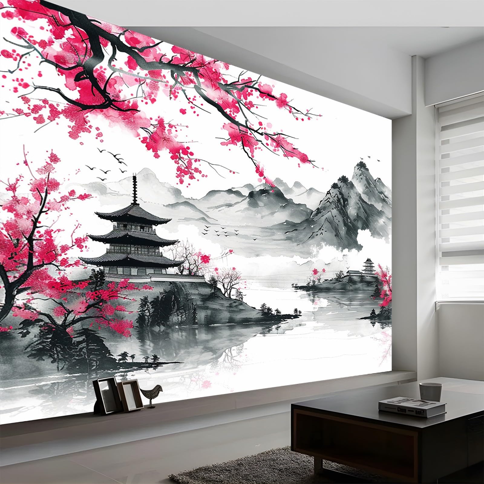 Fotomurales infantiles Flores De Cerezo Japonés Sobre Fondo Blanco. Papel Tapiz 200 x 140 cm Estilo Tradicional De Pintura De Tinta Oriental Fotomurales 3D Tv Fondo Pared Moderno Dormitorio Murales