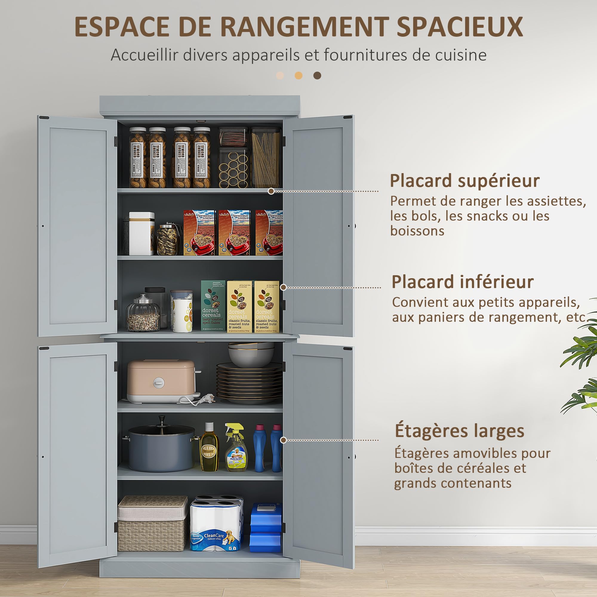 HOMCOM Armoire de Cuisine Vaisselier Style Moderne 76 x 40,5 x 184 cm Gris | Buffet Cuisine, Meuble de Rangement, avec Placards, Étagères Réglables, pour Salle à Manger, Salon