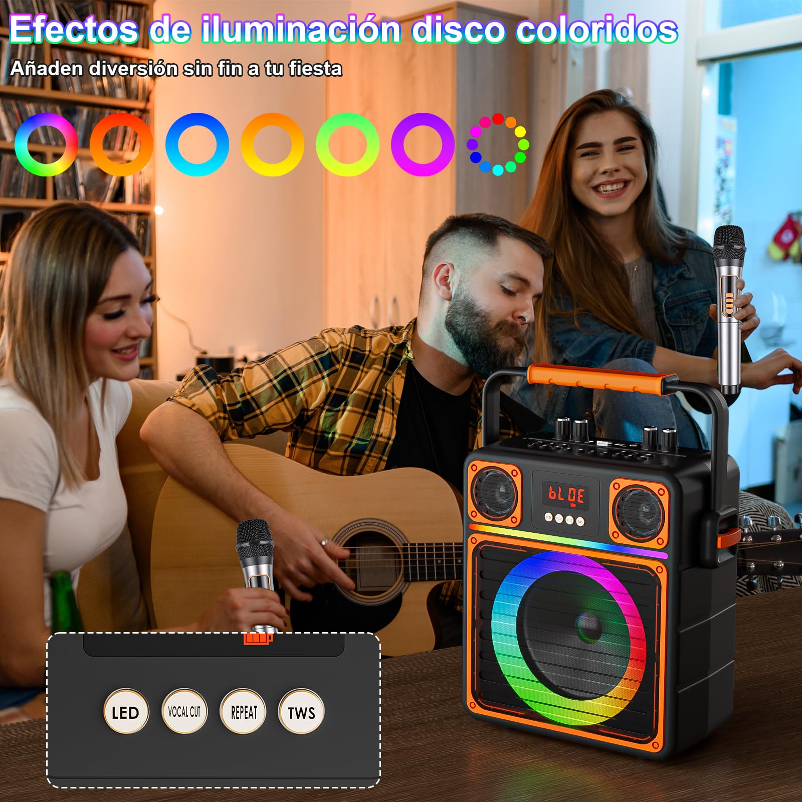 GuKKK Karaoke, Altavoz Bluetooth Portátil para Adultos y Niños con 2 Micrófonos Inalámbricos, Altavoz de Karaoke Bluetooth con Luces LED, Karaoke Profesional Completo, Soporta TF/USB/AUX/FM/TWS(Negro)