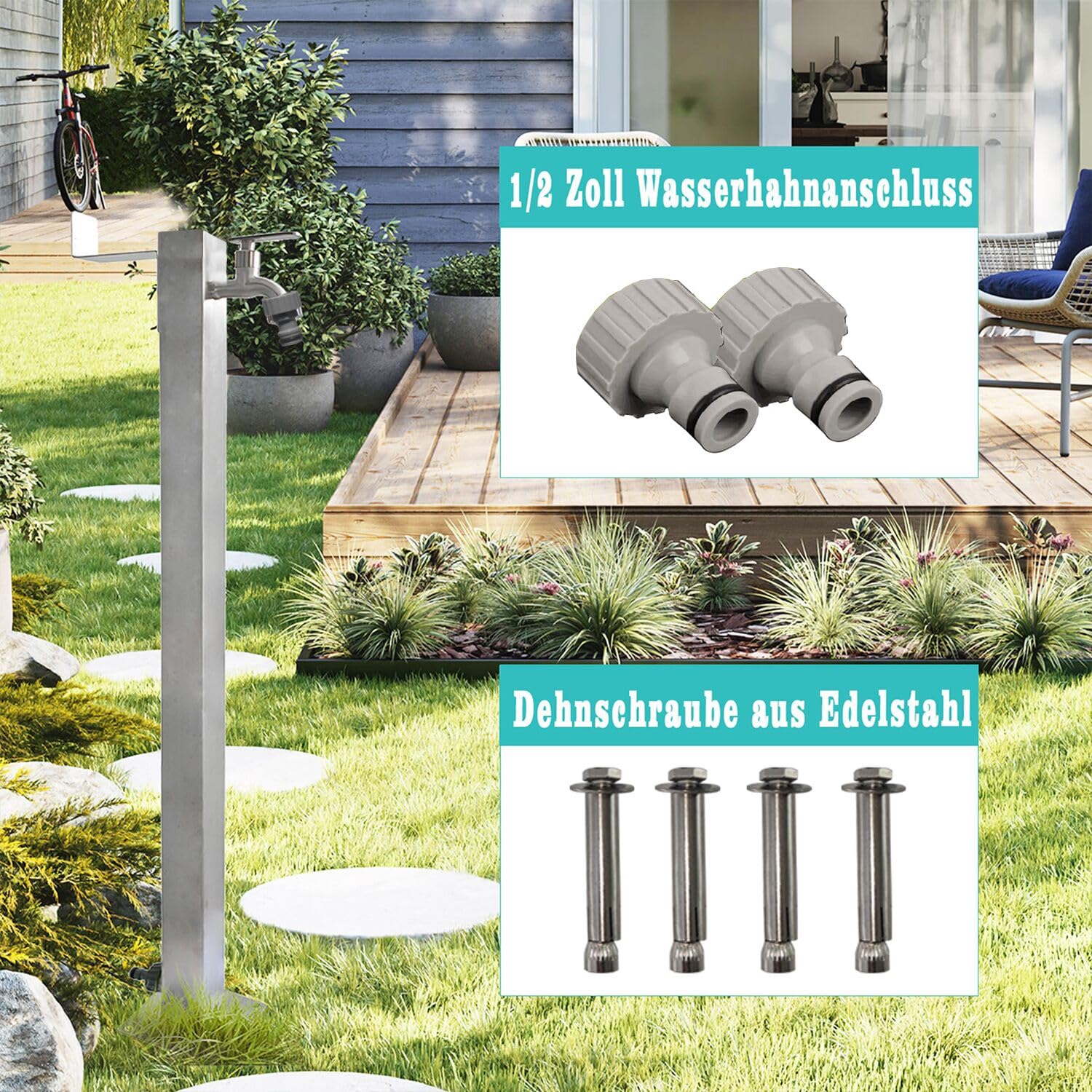 Elbe Colonna d'acqua da giardino quadrata in acciaio inossidabile 87 cm - Resistente al gelo - Con supporto per tubo, filettatura esterna G1/2, con due adattatori per tubo da irrigazione