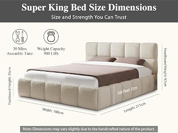 Luxury Cloud Teddy Boucle Super King Bed Frame, 6ft Super King Size Bed, Luxury Teddy Boucle Upholstered Design, Strong Wooden Beds Frame 6ft Size with High Headboard in Ivory Boucle
