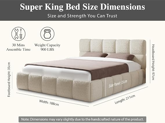 Luxury Cloud Teddy Boucle Super King Bed Frame, 6ft Super King Size Bed, Luxury Teddy Boucle Upholstered Design, Strong Wooden Beds Frame 6ft Size with High Headboard in Ivory Boucle