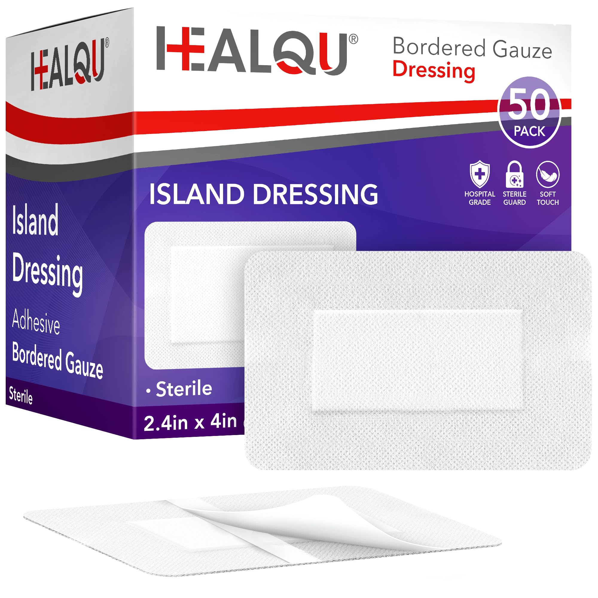 Healqu Apósito Island de gasa con borde - 50 unidades, 2.4"x4" Almohadillas de gasa estériles envueltas individualmente con respaldo resistente al agua