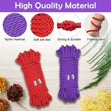 2-Pack Soft Silk Rope with Storage Bag, Twisted Trim Cord 32 Feet/7MM Rope Nylon Twisted Cord Trim Thread String Skin Friendly Rope Satin Shiny Cord Multi Color (Purple + Red, 10m)