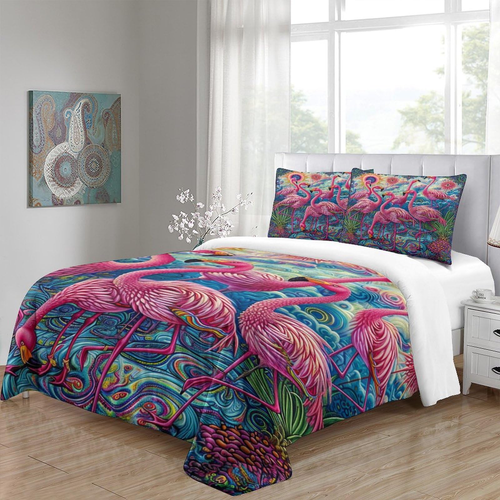 Stampato in 3D Fenicottero Copertina Stampata Microfibra Disegnata Biancheria Da Letto Stile Morbido Con 2 Federe,Double（200x200cm）, Per Ragazzi Adulti