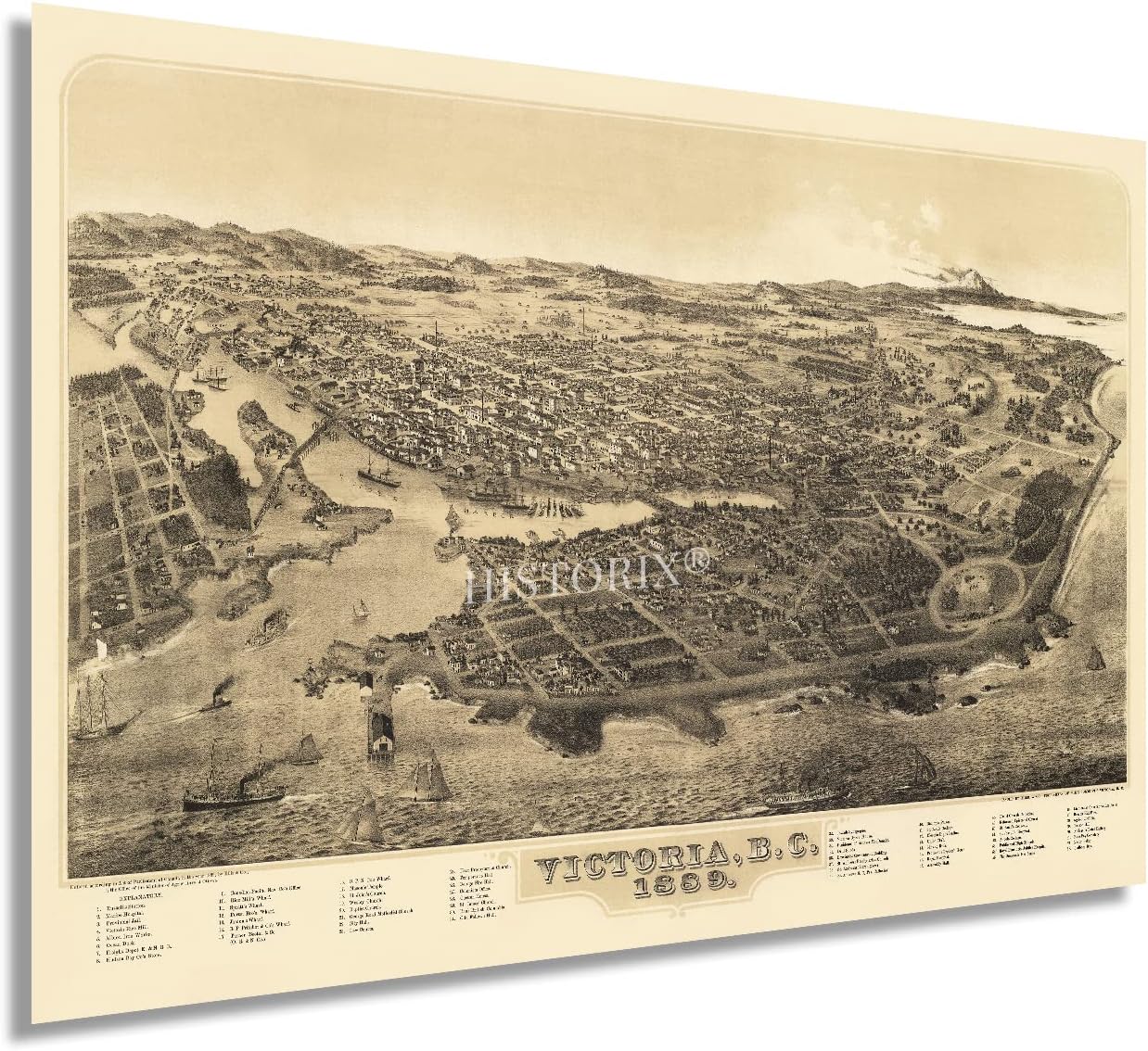 HISTORIX Vintage 1889 Victoria BC Canada Map Poster - 24x36 Inch Vintage Victoria British Columbia Map of Canada - History Map of Victoria Canada Wall Art - Birds Eye View of Victoria BC Canada Poster