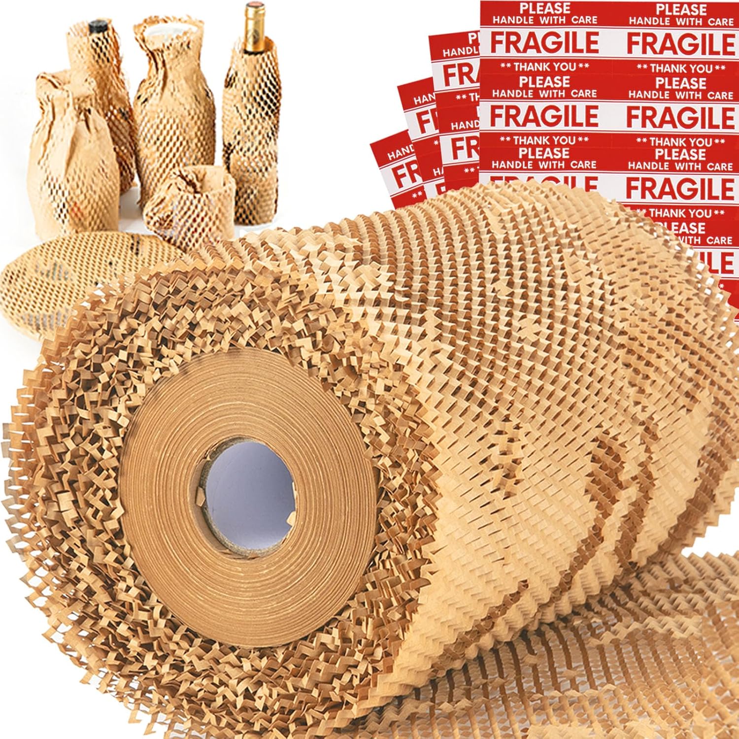 Honeycomb Packing Paper Wrap 15x12000 (1000 ft), Substitute Alternative for Bubble Cushioning Wrap for Moving Shipping Packaging, Recyclable Moving Supplies with 48 Fragile Sticker Labels