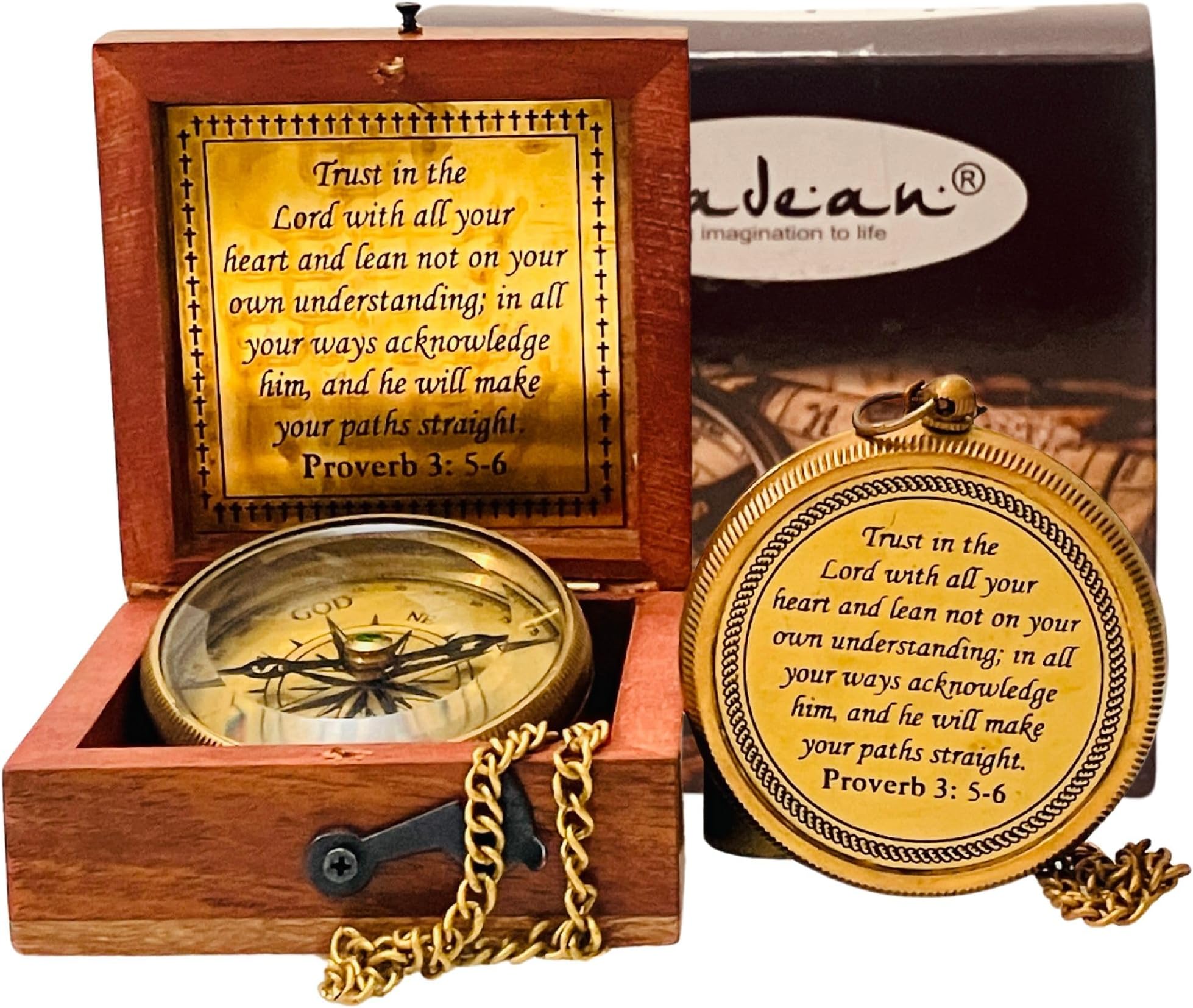 Trust in The Lord - Proverbs 3: 5-6 Engraved Compass, Wood Box Greeting, Inspirational Gift Men, Christian Boys Baptism Gifts, Graduation Day