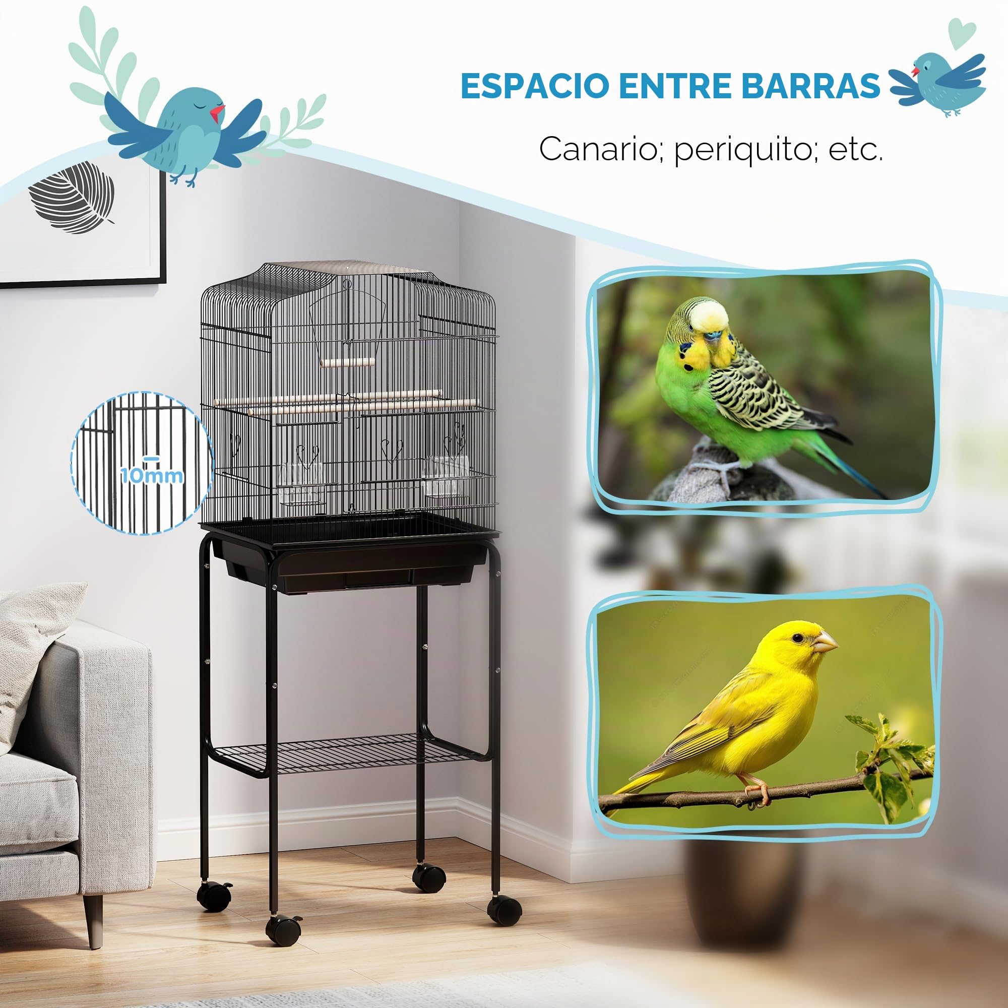 PawHut Jaula para pájaros para periquitos con ruedas de soporte, color negro, 46,5 x 36 x 124 cm | Jaulas para periquitos, para pinzón canario, bandeja deslizante, estante de almacenamiento de accesorios