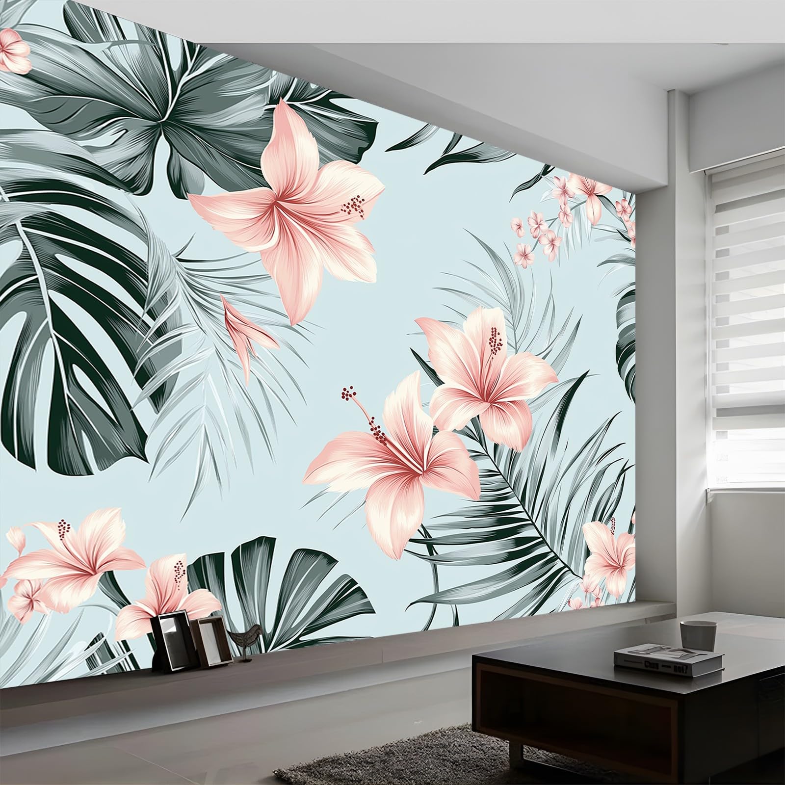 Panoramiczna tapeta z nadrukiem retro liście i kwiaty fototapeta z włókniny 400 x 280 cm do salonu pokój dziecięcy restauracja mieszkanie dekoracja ścienna jasnoniebieska zielona