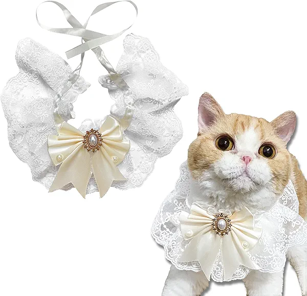 Linassry Elegant Lace Cat Collar with Cute Bow, Adjustable and Breakaway Kitten Collars Pet Bibs Bandana Accessories – Idear for Birthdays, Weddings & Photoshoots