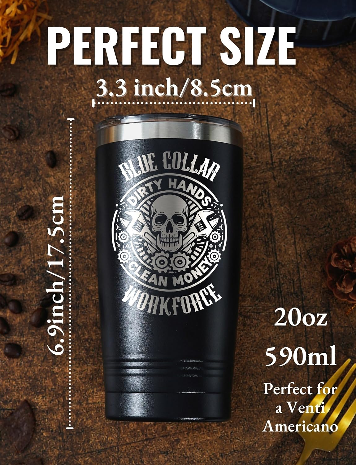 Onebttl Blue Collar Gifts for Men, Boyfriend, Dad, 20oz Stainless Steel Insulated Running Gift Tumbler with Lid and Straw, Black, BLUECLAR-20MUG-01-BK