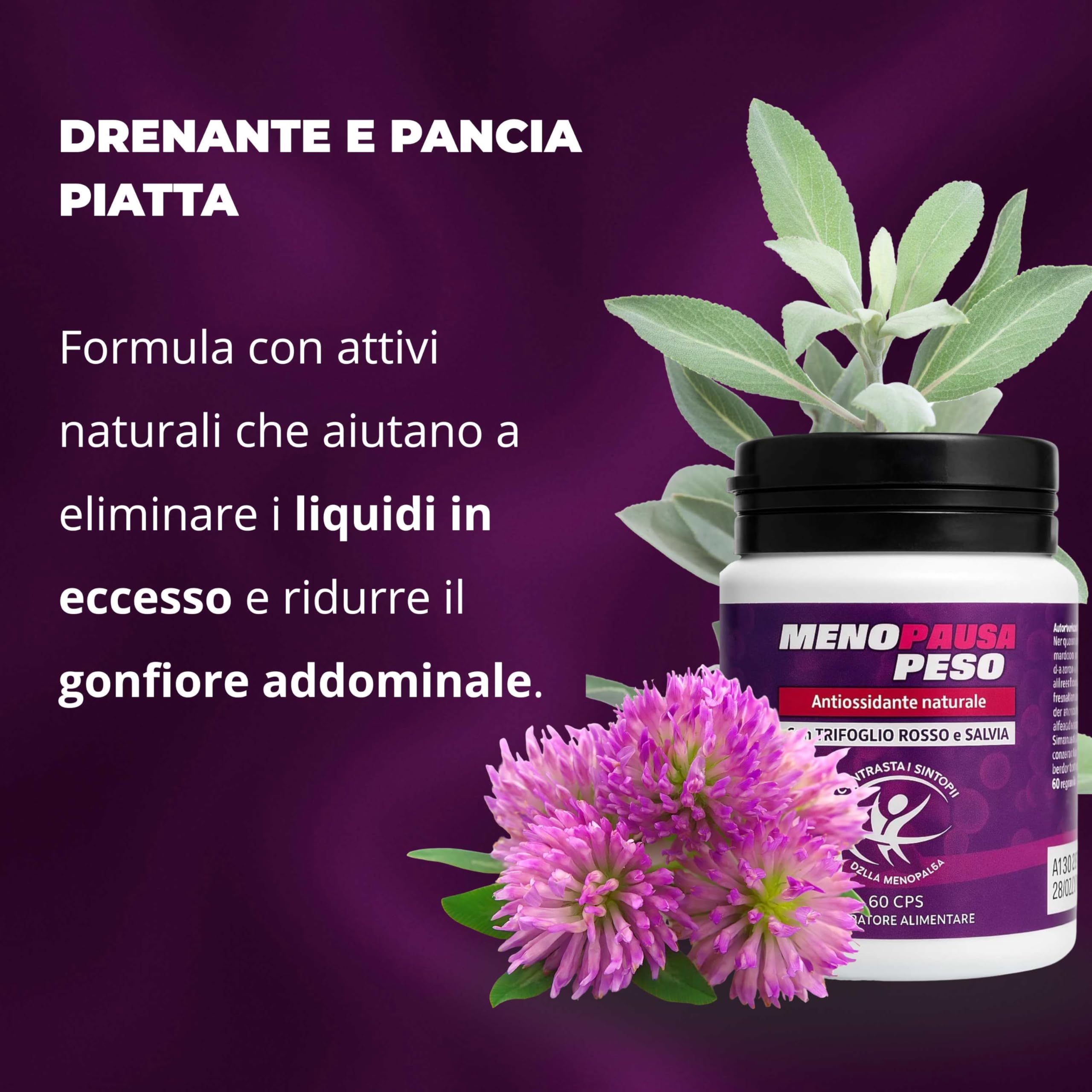 Menopausa Peso Integratore Donna 120 Compresse – Dimagrante e Drenante Forte – Pancia Piatta, Metabolismo e Benessere in Menopausa - Trifoglio Rosso e Salvia