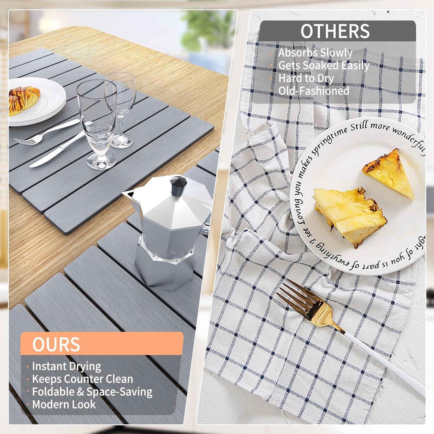 HotFox Dish Drying Mat for Kitchen Counter – Quick Dry Stone Drying Mat, Foldable Diatomaceous Earth Pad, Non-Slip Kitchen Sink Drying Mat, Large Fast Drying Stone Mat for Dishes, Coffee Maker, Grey