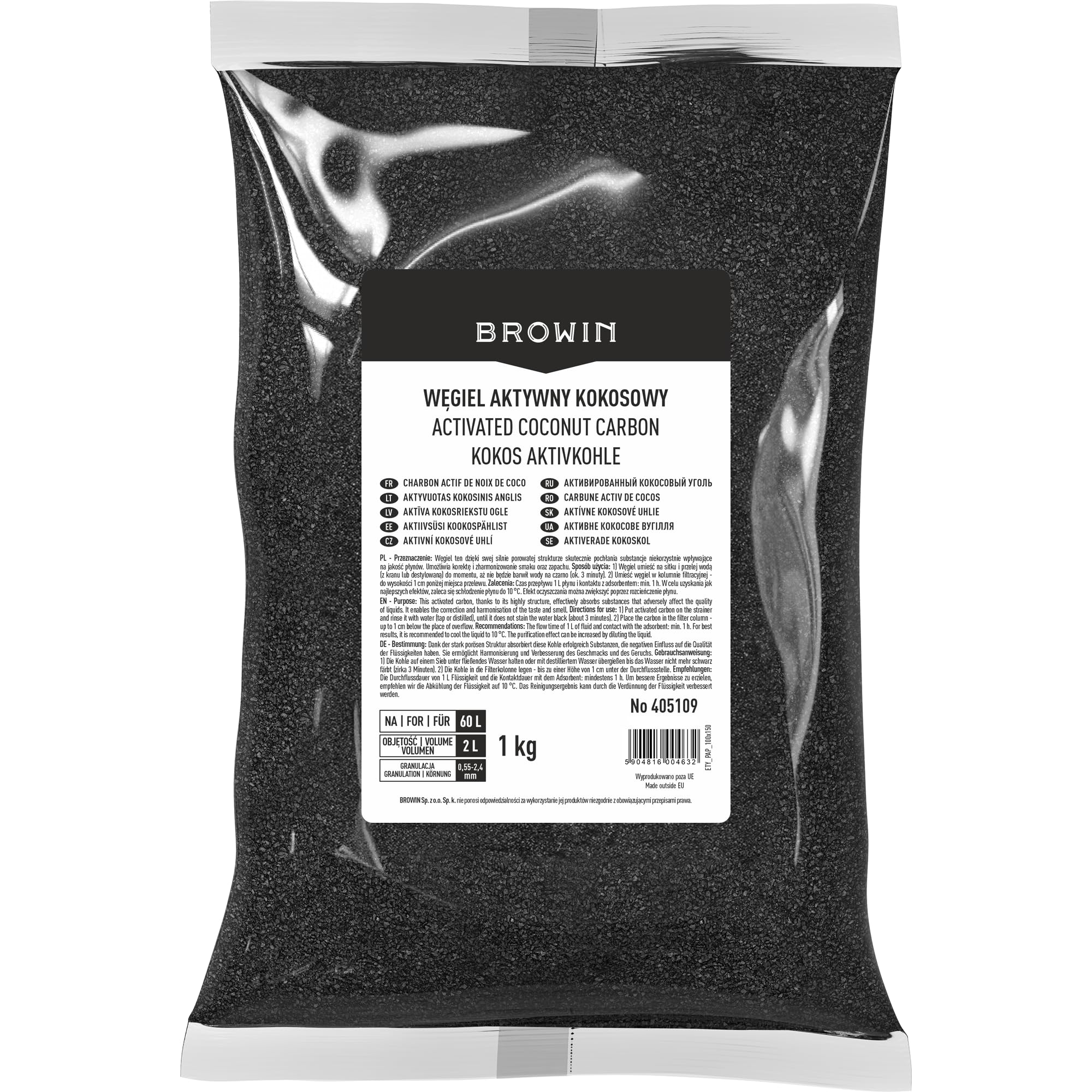 Browin 405109 węgiel aktywny kokosowy 1 kg, do 47 l, ziarnistość 1,0-3,6 mm, aktywność adsorpcyjna > 60%, do czyszczenia, korekcji smaku i zapachu wody oraz alkoholi.