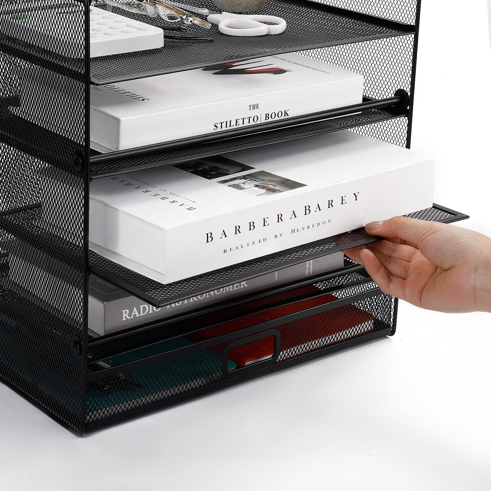 Cinnani Organizador de escritorio,bandeja de papel de 5 niveles con cajón, organizador de compartimentos de almacenamiento con carpetas,cartas,papel,bandeja organizadora de escritorio de metal (negro)