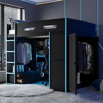 Bellemave Gaming Loft Bed with Ample Storage Space Drawers Full Loft Bed Frame with Desk, RGB LED Lights and USB Ports, Wood Loft Beds Frame with Built-in Wardrobe for Kids, Teens, Adults, Blue