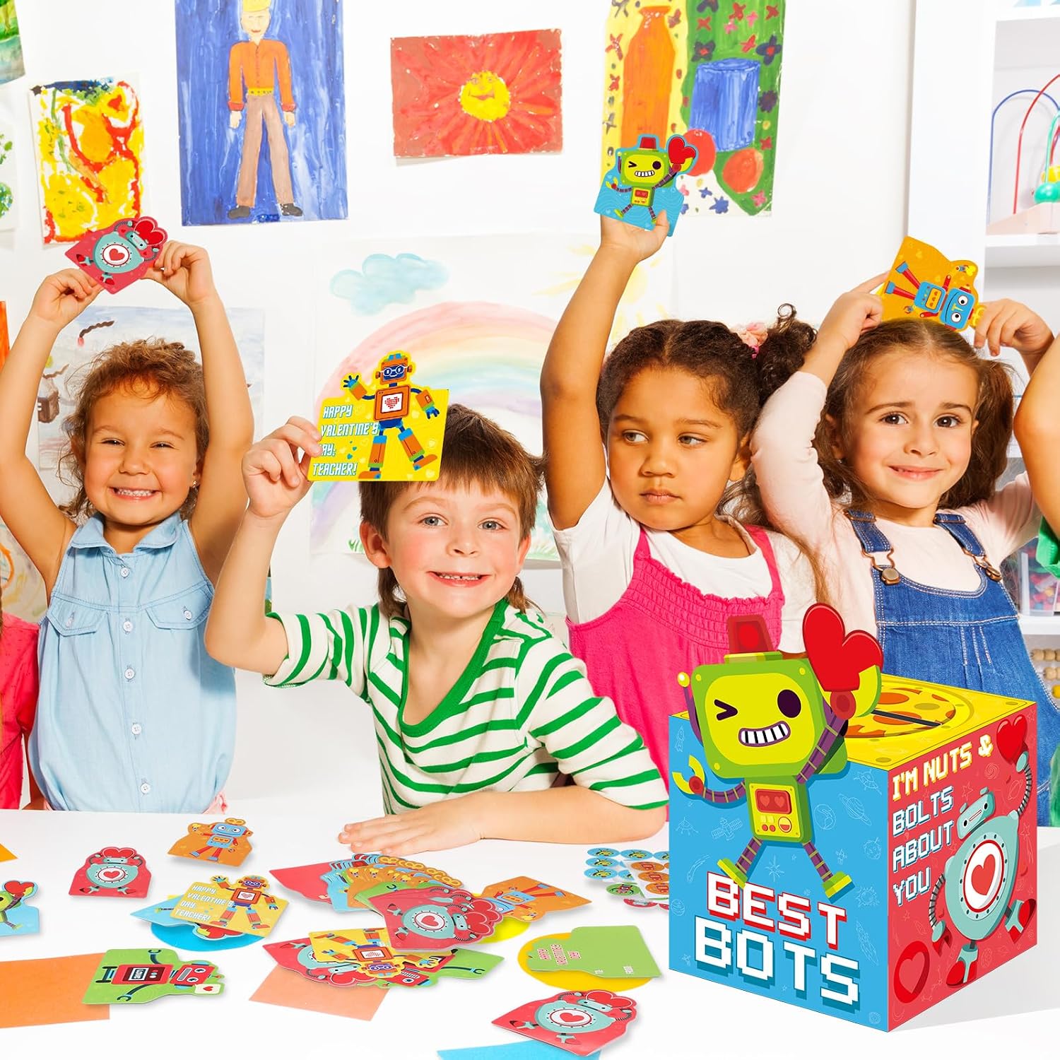Funrous 103 Pcs Valentines Day Box for Kids Classroom Include 32 Valentines Cards 33 Envelopes 36 Cute Stickers 1 Teacher Greeting Cards 1 Mailbox for School Exchange Gifts Party Favors(Robot)
