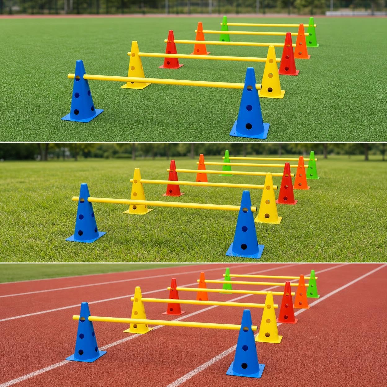 Steckhürdenset Agility Set für Koordinationstraining & Trainingshürden – 10 Hütchen, 5 Stangen, 32 cm mit Löchern, 5 Sets (10 Kegel + 5 Stangen à 1 Meter)