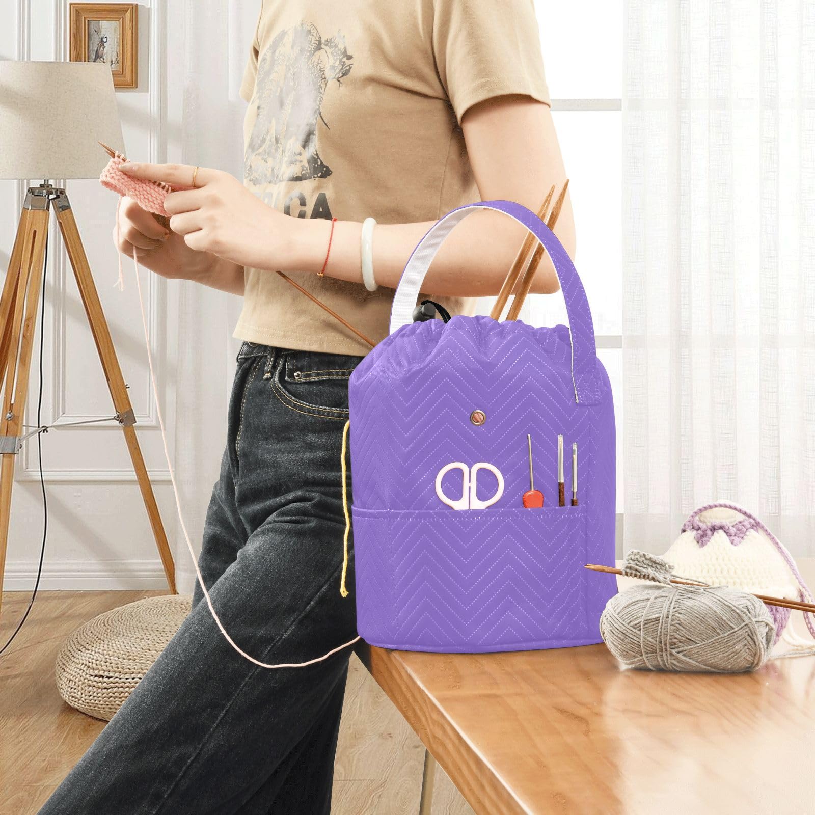 KIPHCA Crochet Bag Organizer - Purple Knitting Tote Holds 13 Needles & 26 Skeins