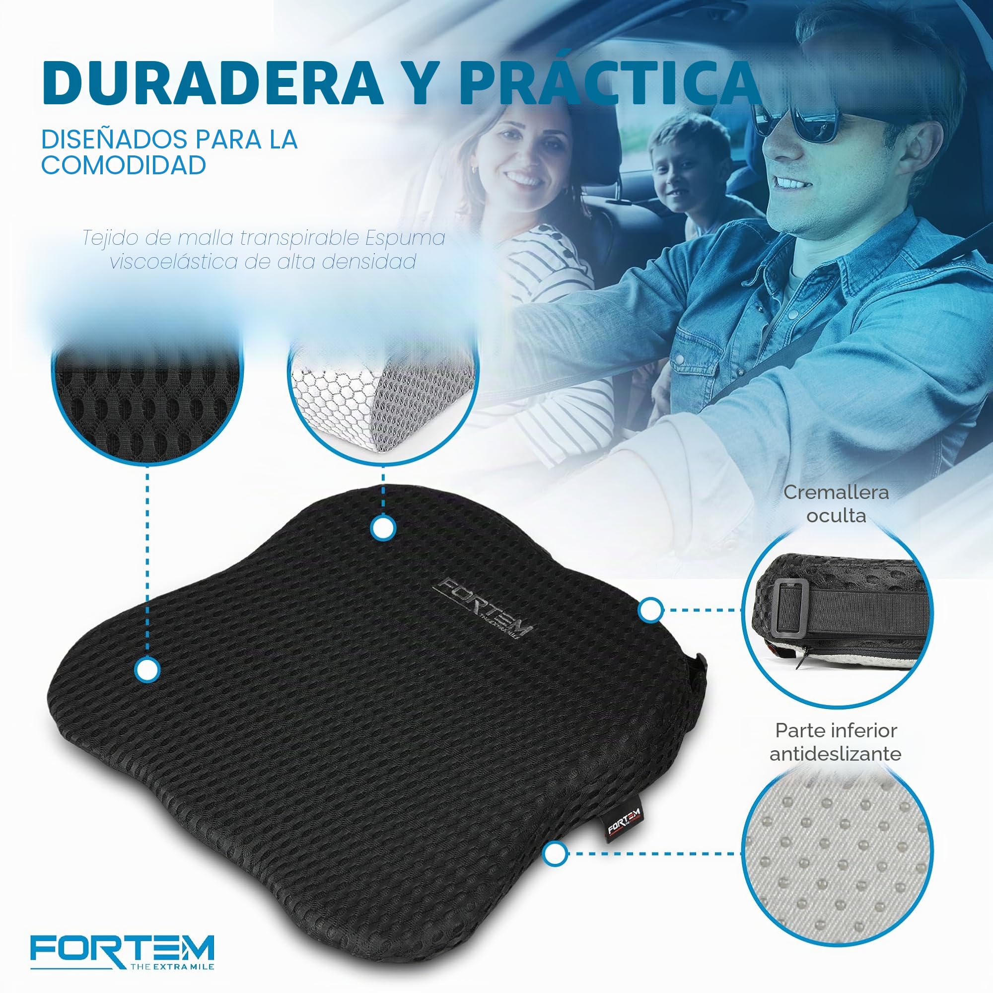 FORTEM Cojín para Asiento De Coche Y Soporte Lumbar, Cuña Ergonómica De Espuma Viscoelástica, Respaldo Cómodo para Conducir, Base Antideslizante, Correas Ajustables, Funda Lavable