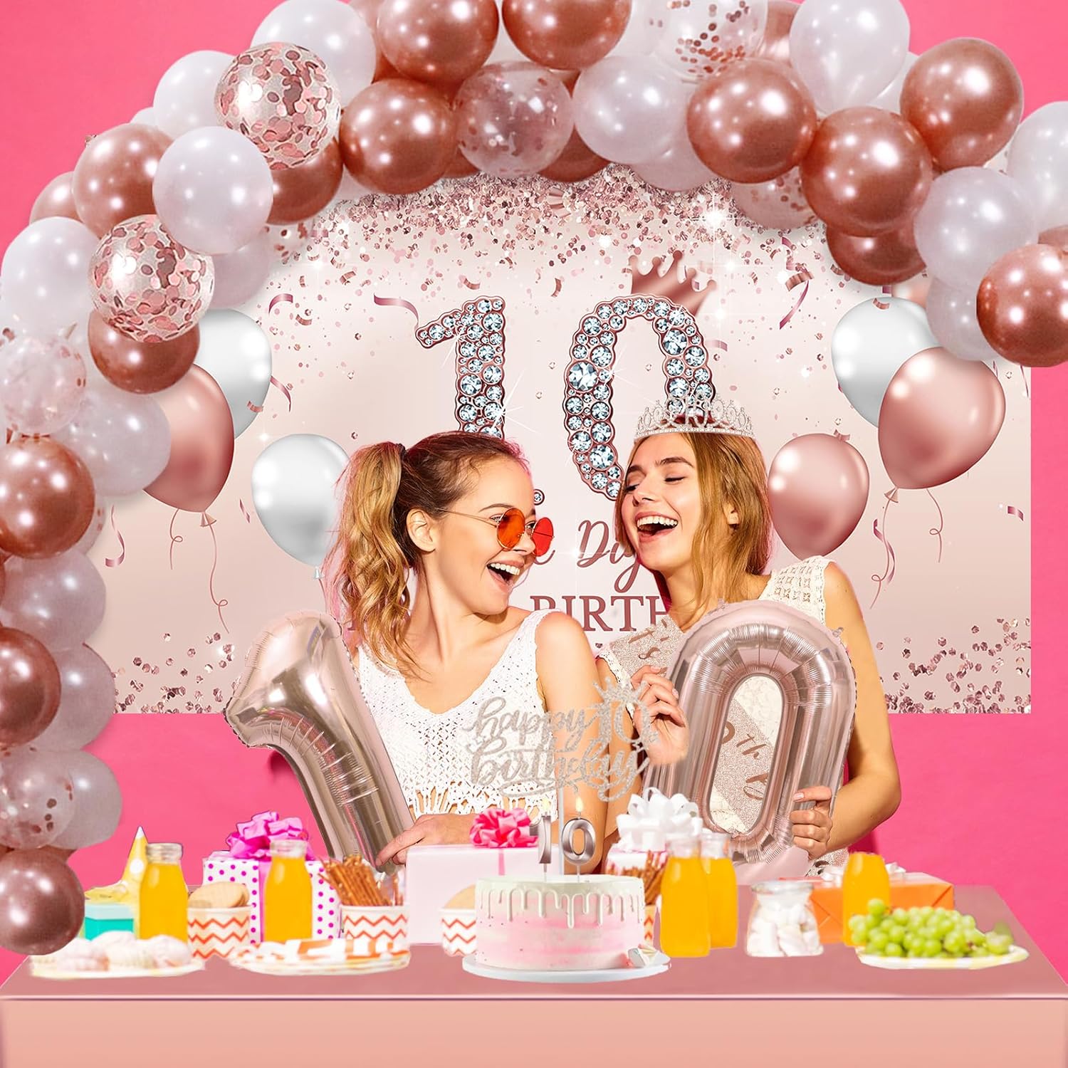 Trgowaul 10th Birthday Decorative Balloon Set Girls Arch, Rose Gold 10th Birthday Banner and Party Tablecloth, Belt and Tiara, Pink Gold 10th Balloon, Pink Birthday Cake Top, Latex Balloon * 60