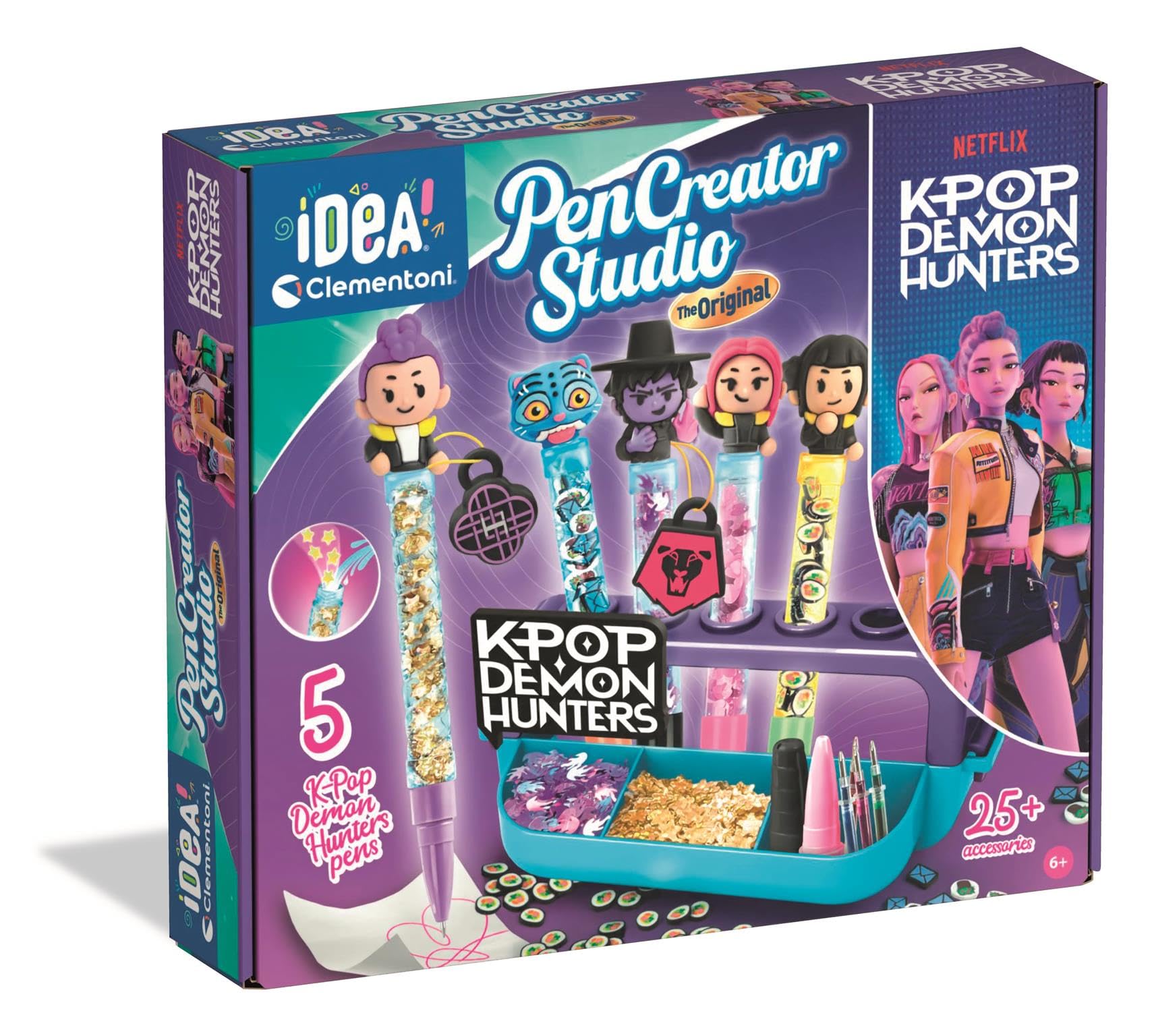 Clementoni IDEA KPop Demon Hunters Pen Creator Studio, Make Your Own Pens Craft Kit for Kids, 5 Unique Designs with Iridescent Decorations & Toppers, Ages 6+