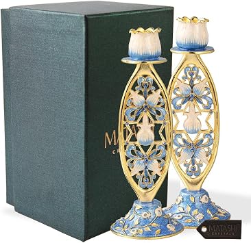 Hand-Painted Blue Flower and Star of David Shabbat Candlestick 2-Piece Set