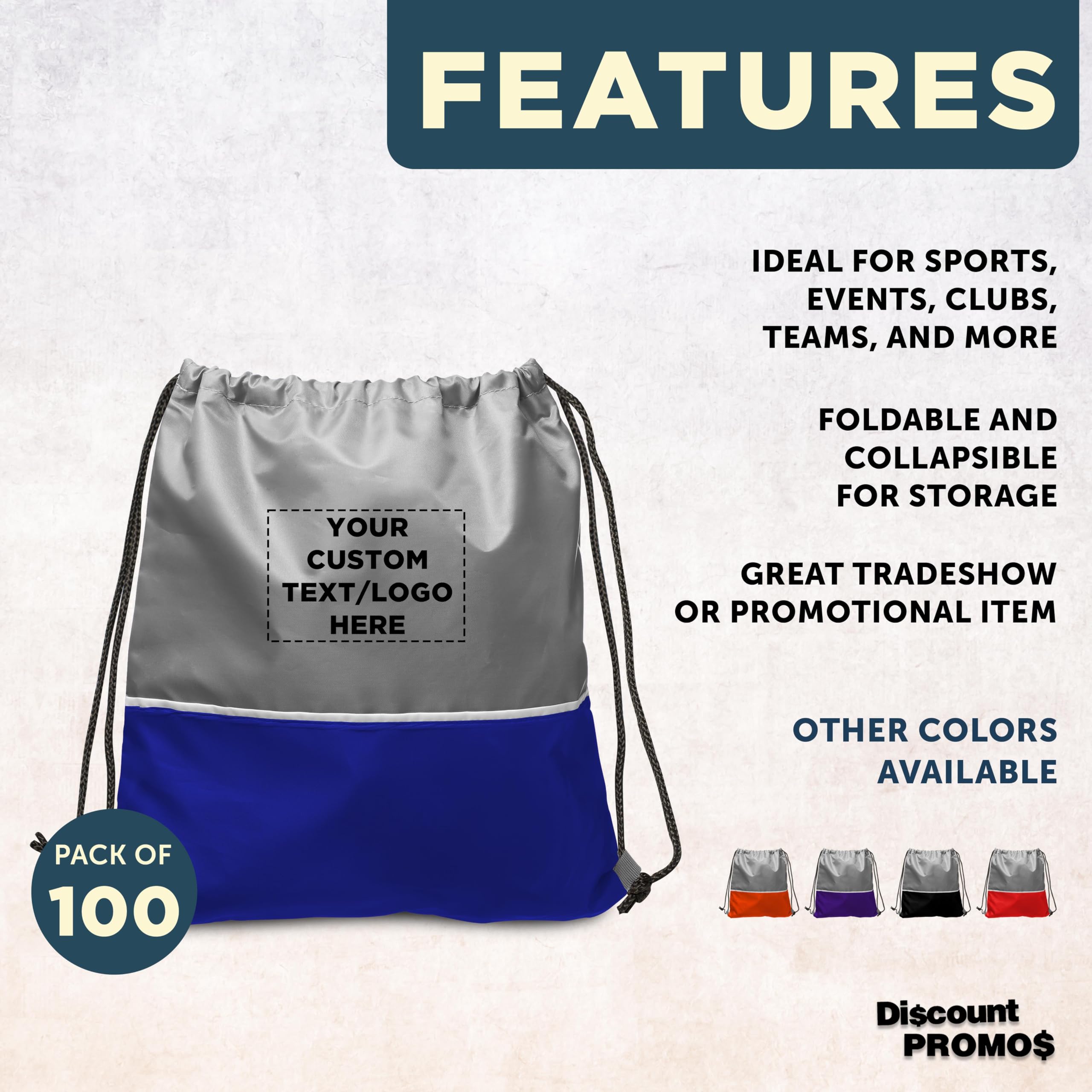 DISCOUNT PROMOS 100 Easy Go Drawstring Backpacks Set - Customizable Text, Logo - Polyester, Convenient, Innovative features, Stylish - Blue