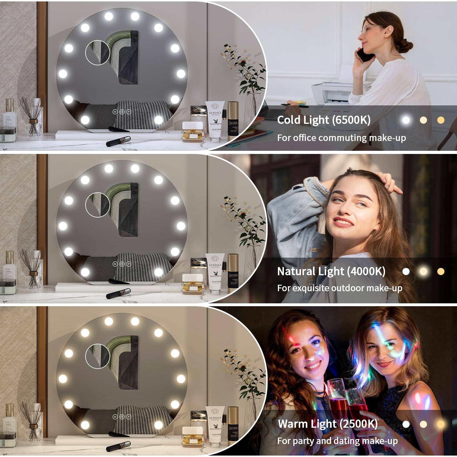 Hollywood Vanity - Specchio cosmetico rotondo con luci, 50 cm, specchio per il trucco con 12 lampadine LED dimmerabili, porta di uscita USB, 3 modalità di illuminazione, da tavolo e da parete