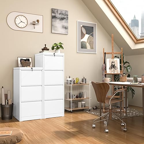 Miniatura 7 de INTERGREAT Archivador de 3 cajones, archivador de metal blanco con cerradura, archivadores altos con 4 marcos ajustables para colgar para oficina en